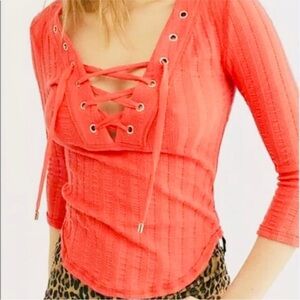 Free People Pink Ribbed Blouse with Tie Front and 3/4 Sleeves​​​​
